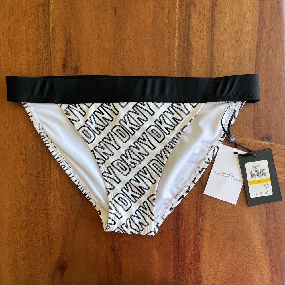 NWT DKNY Women's Logo-Print Low-Rise Bikini Bottoms DI2BW351 Logo White M
